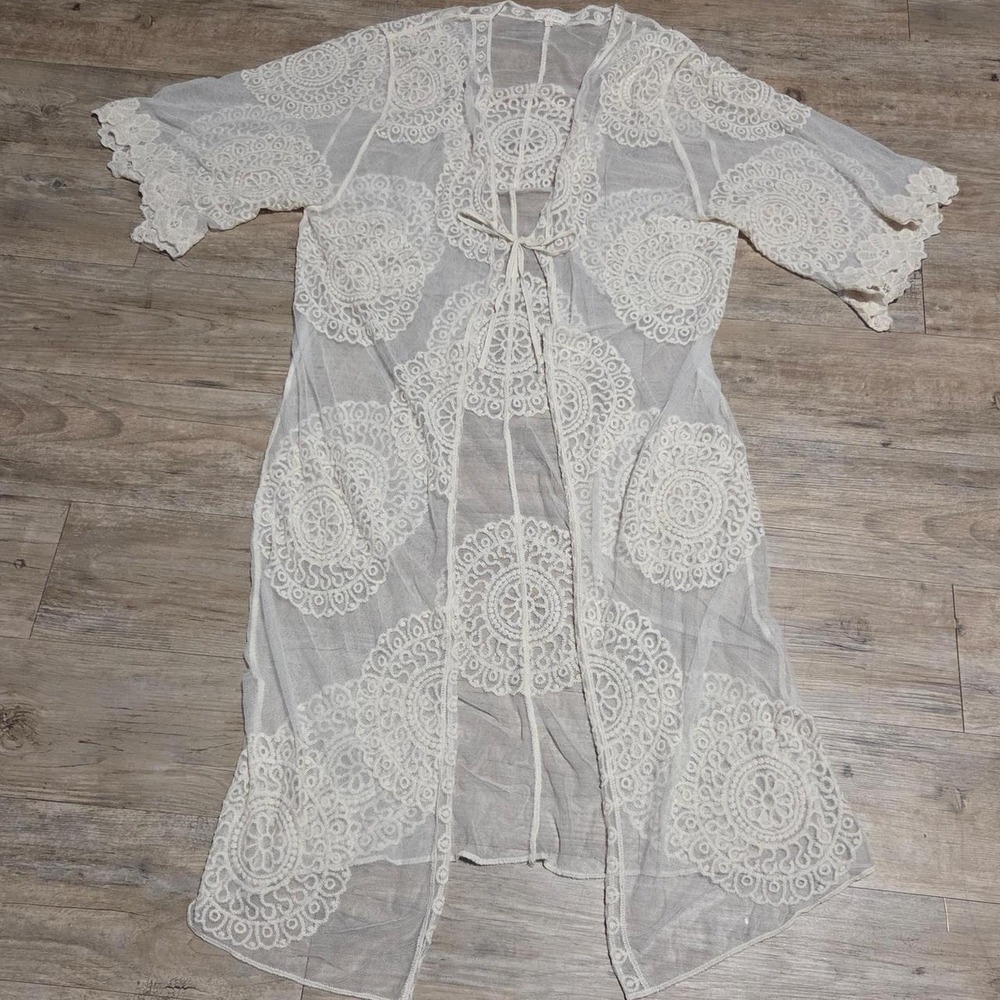 Boho Everleigh Embroidered Mesh Duster Cardigan Cover-Up Size Large
